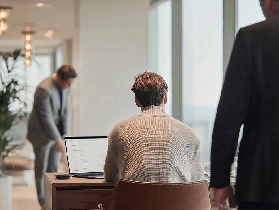 A professional working at a laptop in an office
